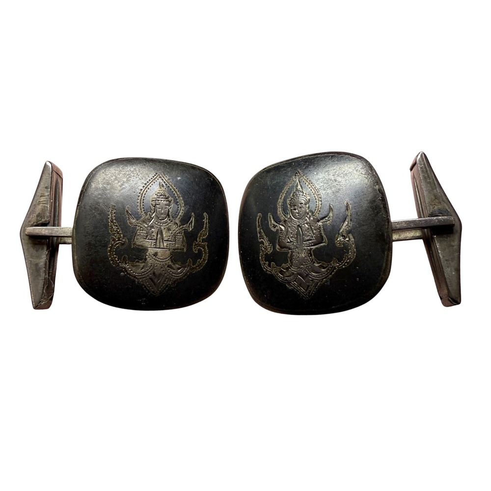 Vintage Sterling Silver Siam Niello Cufflinks Goddess Mekkala Thailand Square